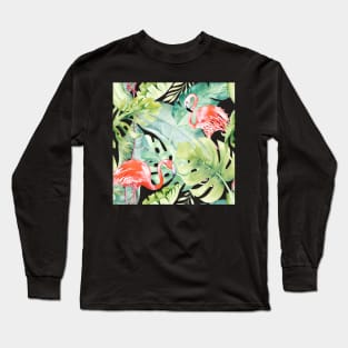 Pink Flamingos Sage Green Tropical Foliage Long Sleeve T-Shirt